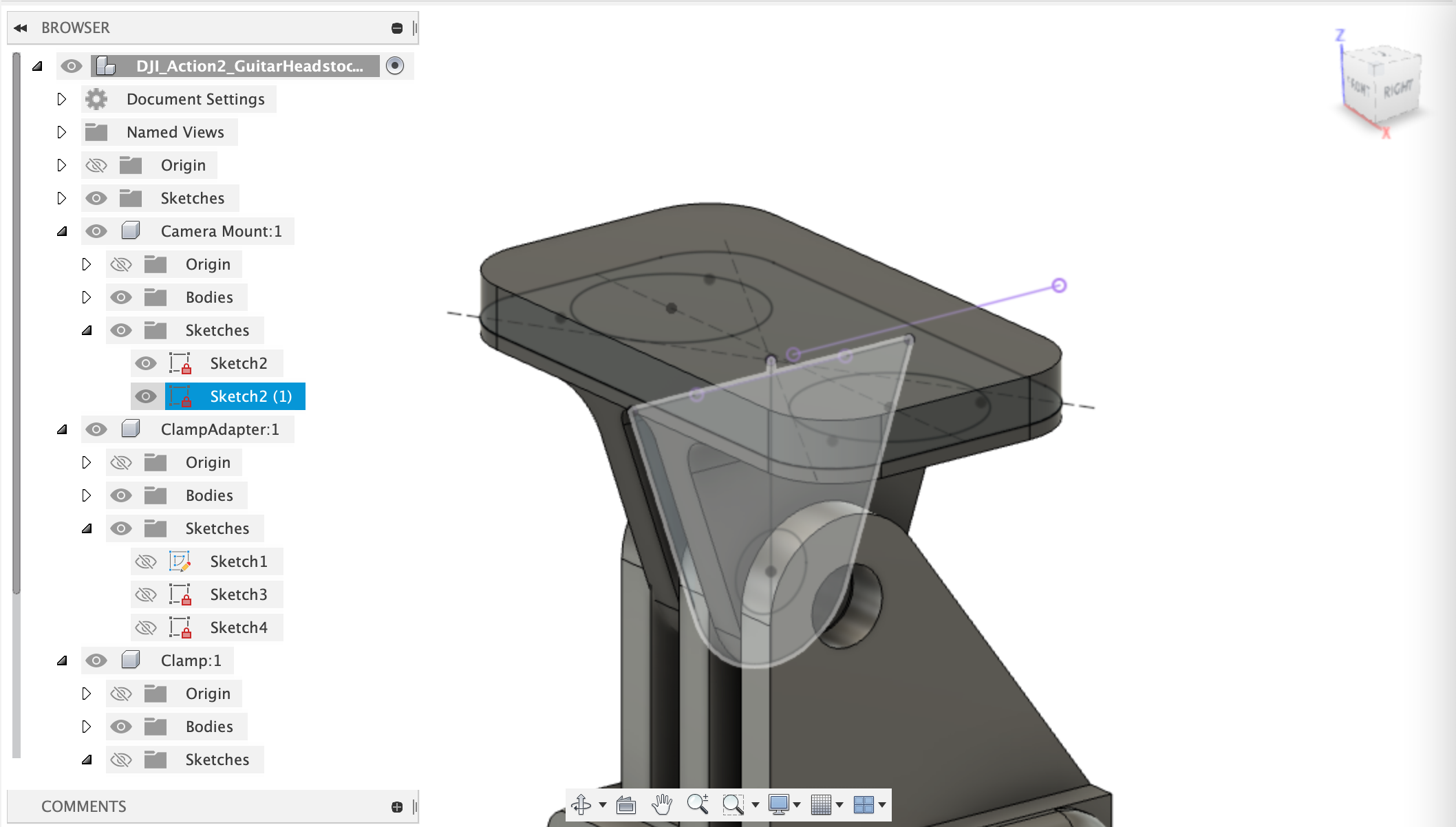 Screenshot of Autodesk Fusion 360 showing multiple sketches, some enabled and some disabled in the filter